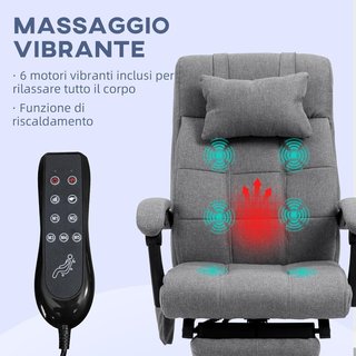 Silla de Oficina Calentadora Con 5 Modos Y 6 Puntos De Masaje, Sillón Ergonómico Con Respaldo Reclinado a 155° Y Reposapiés, Gris