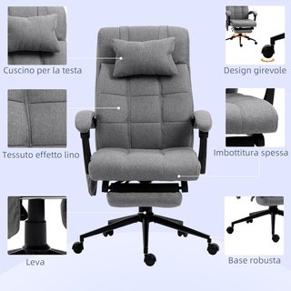 Silla de Oficina Calentadora Con 5 Modos Y 6 Puntos De Masaje, Sillón Ergonómico Con Respaldo Reclinado a 155° Y Reposapiés, Gris