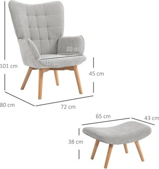 Sillón Con Puff Coordinado Estilo Contemporáneo, Silloncito De Sala en Tejido Efecto Terciopelo Con Patas de Madera de Haya para Sala y Estancia, 72X80X101 Cm, Gris