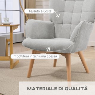 Sillón Con Puff Coordinado Estilo Contemporáneo, Silloncito De Sala en Tejido Efecto Terciopelo Con Patas de Madera de Haya para Sala y Estancia, 72X80X101 Cm, Gris