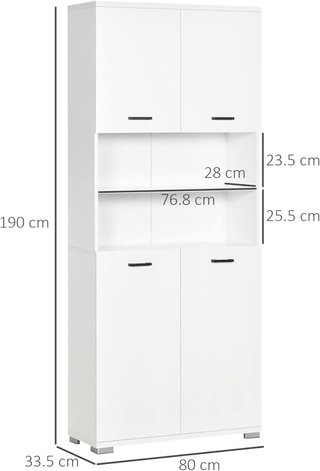 Mueble de Baño de Aglomerado Blanco con 2 Armarios con Puertas y 2 Estantes Abiertos, Diseño Antivuelco, 80X33.5X190 Cm