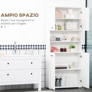 Mueble de Baño de Aglomerado Blanco con 2 Armarios con Puertas y 2 Estantes Abiertos, Diseño Antivuelco, 80X33.5X190 Cm