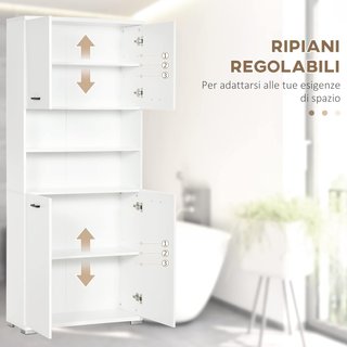 Mueble de Baño de Aglomerado Blanco con 2 Armarios con Puertas y 2 Estantes Abiertos, Diseño Antivuelco, 80X33.5X190 Cm