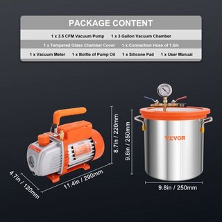 11.4 L Cámara de Vacío y Kit de Bomba de 3.5 CFM, Kit de Cámara de Degasificación con Tapa de Vidrio Templado, Bomba de Vacío de Una Etapa con Botella de Aceite de 250 ml, para Estabilizar Madera,...
