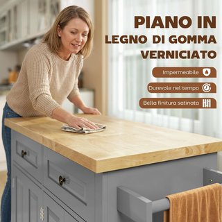 Carro De Cocina Con Ruedas, Estantes Regulables Y Porta Especias, Isla De Cocina Con Superficie De Trabajo De Madera De Caucho, Para Cocina Y Sala De Estar, 111X44.5X82.5 Cm, Gris