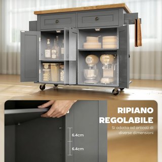 Carro De Cocina Con Ruedas, Estantes Regulables Y Porta Especias, Isla De Cocina Con Superficie De Trabajo De Madera De Caucho, Para Cocina Y Sala De Estar, 111X44.5X82.5 Cm, Gris