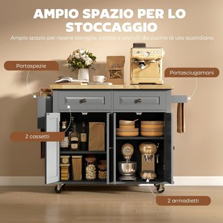 Carro De Cocina Con Ruedas, Estantes Regulables Y Porta Especias, Isla De Cocina Con Superficie De Trabajo De Madera De Caucho, Para Cocina Y Sala De Estar, 111X44.5X82.5 Cm, Gris