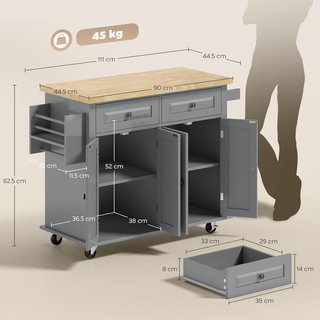 Carro De Cocina Con Ruedas, Estantes Regulables Y Porta Especias, Isla De Cocina Con Superficie De Trabajo De Madera De Caucho, Para Cocina Y Sala De Estar, 111X44.5X82.5 Cm, Gris