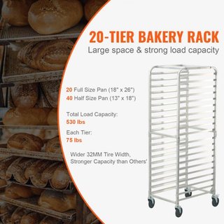 Estante para Pan, Estantes de Panadería Comerciales de 20 Niveles con Ruedas de Freno, Carro de Almacenamiento de Aluminio para Bandejas de Media y Tamaño Completo, Estante de Velocidad para Cocin...
