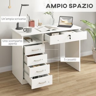 Scrivania per Ufficio e Camera, Scrivania per PC e Computer, in Legno con 5 Cassetti, Tavolo da Lavoro, 2 Chiavi, Moderna, 110X50X76Cm, Bianca