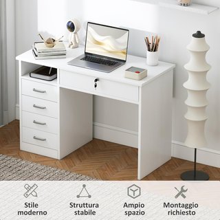 Scrivania per Ufficio e Camera, Scrivania per PC e Computer, in Legno con 5 Cassetti, Tavolo da Lavoro, 2 Chiavi, Moderna, 110X50X76Cm, Bianca