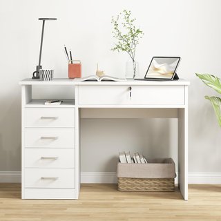 Scrivania per Ufficio e Camera, Scrivania per PC e Computer, in Legno con 5 Cassetti, Tavolo da Lavoro, 2 Chiavi, Moderna, 110X50X76Cm, Bianca