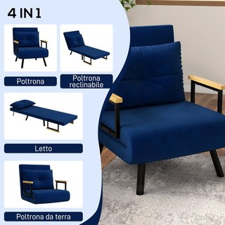 Sillón Cama 4 en 1, Sillón Plegable con Respaldo Ajustable en 5 Posiciones, Sofá Cama con Cojín, Asiento Acolchado, de Terciopelo para Casa y Oficina, 63X73X81 Cm, Azul