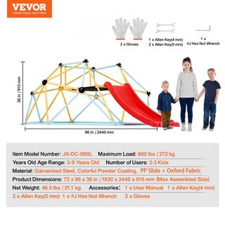 Domo de Escalada, Domo Geométrico de 8FT con Tobogán, para Niños de 3 a 9 Años, Gimnasio Jungle que Soporta 600LBS y Fácil Montaje, con Agarre para Escalar, Equipamiento de Juego para Niños en Int...
