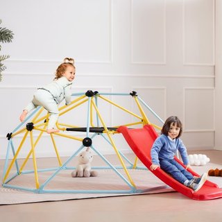 Domo de Escalada, Domo Geométrico de 8FT con Tobogán, para Niños de 3 a 9 Años, Gimnasio Jungle que Soporta 600LBS y Fácil Montaje, con Agarre para Escalar, Equipamiento de Juego para Niños en Int...