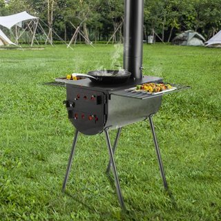 Estufa de Madera, 3 m, Estufa de Camping de Acero Aleado, Estufa Portátil de Leña con Tubos de Chimenea y Guantes, Estufa Caliente para Tienda con Cámara de 49161 cm³ para Cocinar y Calentar al Ai...