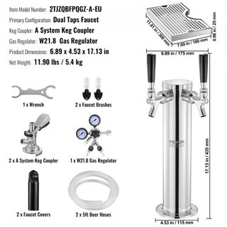 Kit de Torre de Kegerator, Kit de Conversión de Cerveza de Doble Grifo, Dispensador de Torre de Cerveza de Acero Inoxidable con Regulador de Doble Medida W21.8 y Acoplador de Barril de Sistema A, ...