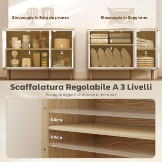 Credenza de Cocina Con 3 Puertas, Mueble de Cocina Moderno Con Estante Regulable y Patas de Madera, Credenza Buffet para Sala de Estar, Comedor y Salón, 107X35X77 Cm, Blanco Brillante y Roble