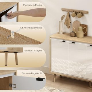 Credenza de Cocina Con 3 Puertas, Mueble de Cocina Moderno Con Estante Regulable y Patas de Madera, Credenza Buffet para Sala de Estar, Comedor y Salón, 107X35X77 Cm, Blanco Brillante y Roble