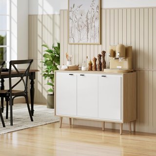 Credenza de Cocina Con 3 Puertas, Mueble de Cocina Moderno Con Estante Regulable y Patas de Madera, Credenza Buffet para Sala de Estar, Comedor y Salón, 107X35X77 Cm, Blanco Brillante y Roble