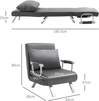 Sofá Cama Individual 3 en 1 Con Respaldo Reclinable En 5 Niveles Y Cojín, Sofá Cama Individual Plegable Para Sala De Estar Y Salón En Piel Sintética Y Metal, 65X69X80 Cm, Gris