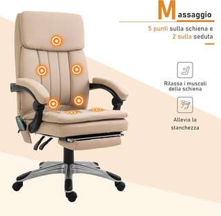 Silla de Oficina Masajeadora, Altura Ajustable y Reclinable en Piel PU, 67X69X106.5-114.5Cm Beige