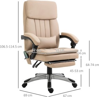 Silla de Oficina Masajeadora, Altura Ajustable y Reclinable en Piel PU, 67X69X106.5-114.5Cm Beige