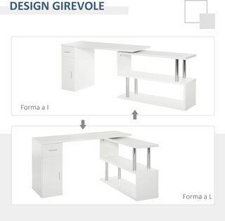Escritorio Esquinero Moderno de Madera con Cajón, Armario y Estantes, Mobiliario para Oficina y Casa, Blanco