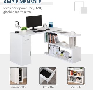 Escritorio Esquinero Moderno de Madera con Cajón, Armario y Estantes, Mobiliario para Oficina y Casa, Blanco