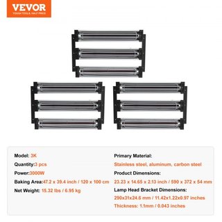 3x Secador de Pintura Radiador Calentador Infrarrojo Lámpara Infrarroja 3kW