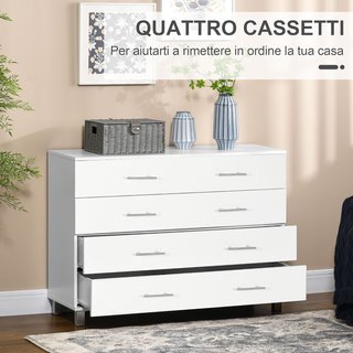 Cómoda de 4 Cajones para Dormitorio, Mueble Multiusos para Sala de Estar y Entrada con Manijas de Metal, Blanco