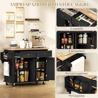 Carro De Cocina Con Ruedas, Estantes Regulables Y Porta Especias, Isla De Cocina Con Superficie De Trabajo De Madera De Caucho, Para Cocina Y Sala De Estar, 111X44.5X82.5 Cm, Negro