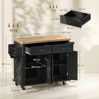 Carro De Cocina Con Ruedas, Estantes Regulables Y Porta Especias, Isla De Cocina Con Superficie De Trabajo De Madera De Caucho, Para Cocina Y Sala De Estar, 111X44.5X82.5 Cm, Negro