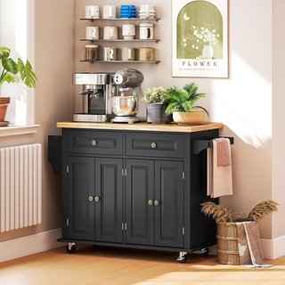 Carro De Cocina Con Ruedas, Estantes Regulables Y Porta Especias, Isla De Cocina Con Superficie De Trabajo De Madera De Caucho, Para Cocina Y Sala De Estar, 111X44.5X82.5 Cm, Negro