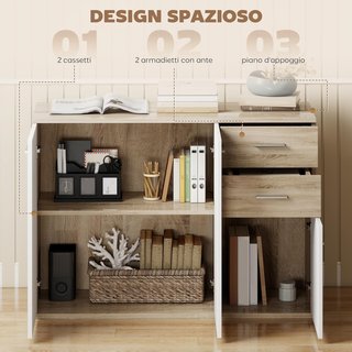 Aparador de Salón Con 3 Armarios Y 2 Cajones, Aparador Moderno Ahorra Espacio Con Estante Regulable en Madera, 106X35X76 Cm, Color Madera