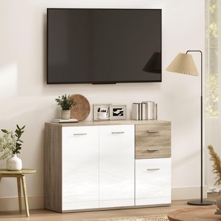 Aparador de Salón Con 3 Armarios Y 2 Cajones, Aparador Moderno Ahorra Espacio Con Estante Regulable en Madera, 106X35X76 Cm, Color Madera