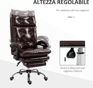 Silla de Oficina Ergonómica Presidencial de Piel Sintética, Sillón de Oficina Giratorio con Altura Ajustable, Reclinable 135° y Reposapiés Extraíble para Estudio y Escritorio, Marrón