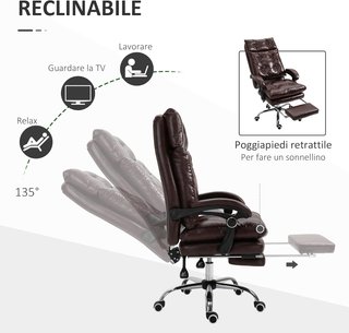 Silla de Oficina Ergonómica Presidencial de Piel Sintética, Sillón de Oficina Giratorio con Altura Ajustable, Reclinable 135° y Reposapiés Extraíble para Estudio y Escritorio, Marrón