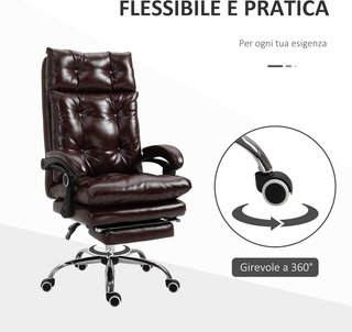Silla de Oficina Ergonómica Presidencial de Piel Sintética, Sillón de Oficina Giratorio con Altura Ajustable, Reclinable 135° y Reposapiés Extraíble para Estudio y Escritorio, Marrón