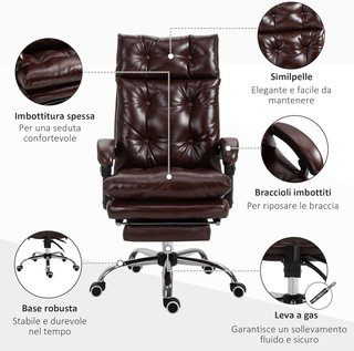 Silla de Oficina Ergonómica Presidencial de Piel Sintética, Sillón de Oficina Giratorio con Altura Ajustable, Reclinable 135° y Reposapiés Extraíble para Estudio y Escritorio, Marrón