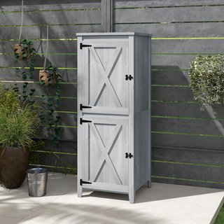 Caseta De Jardín De Madera De Abeto Con Base Elevada, 2 Armarios Y 2 Estantes Extraíbles, Armario De Jardín Para Terraza Y Patio, 60X60X160 Cm, Gris Claro