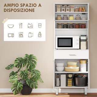 Credenza Alta De Cocina, Mueble Clásico Blanco De Madera Con 2 Armarios Y 1 Estante, Blanco, 60X40X160Cm
