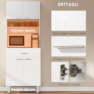 Credenza Alta De Cocina, Mueble Clásico Blanco De Madera Con 2 Armarios Y 1 Estante, Blanco, 60X40X160Cm