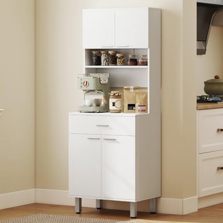 Credenza Alta De Cocina, Mueble Clásico Blanco De Madera Con 2 Armarios Y 1 Estante, Blanco, 60X40X160Cm