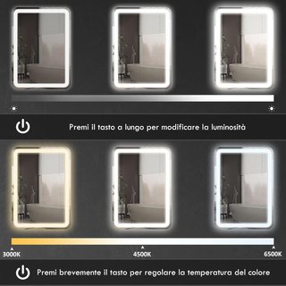 Espejo de Baño con Luz LED 60X80 Cm, Espejo de Pared con 3 Colores Regulables, Función de Memoria, Antiempañamiento, Interruptores Táctiles, en Vidrio Templado, IP44, Horizontal/Vertical