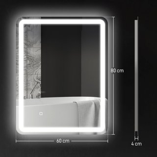 Espejo de Baño con Luz LED 60X80 Cm, Espejo de Pared con 3 Colores Regulables, Función de Memoria, Antiempañamiento, Interruptores Táctiles, en Vidrio Templado, IP44, Horizontal/Vertical
