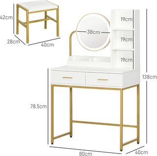 Tocador de Maquillaje con Espejo Iluminado y Taburete Acolchado, Estación de Maquillaje, Mesa de Maquillaje con Luz LED, Cajones y Estantes, Blanco