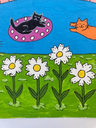 Lámina Original A4 Gatos Piscina Naif