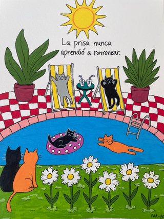 Lámina Original A4 Gatos Piscina Naif