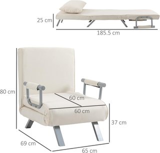 Sofá Cama Individual 3 en 1 Con Respaldo Reclinable En 5 Niveles Y Cojín, Sofá Cama Individual Plegable Para Sala Y Salón En Ante Y Acero, 65X69X80 Cm, Crema